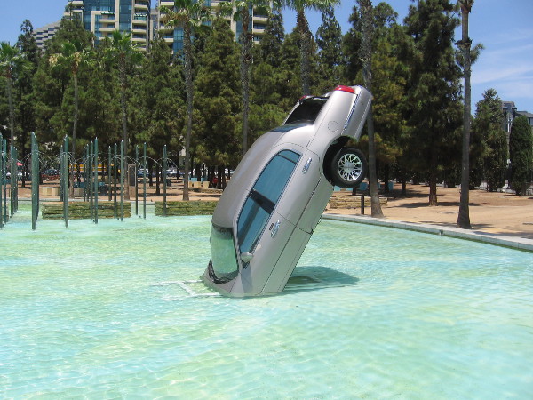 A car appears to have mysteriously crashed into the Childrens Park fountain! It's part of the Castle Rock offsite for 2018 San Diego Comic-Con. Surprises await visitors around every corner.