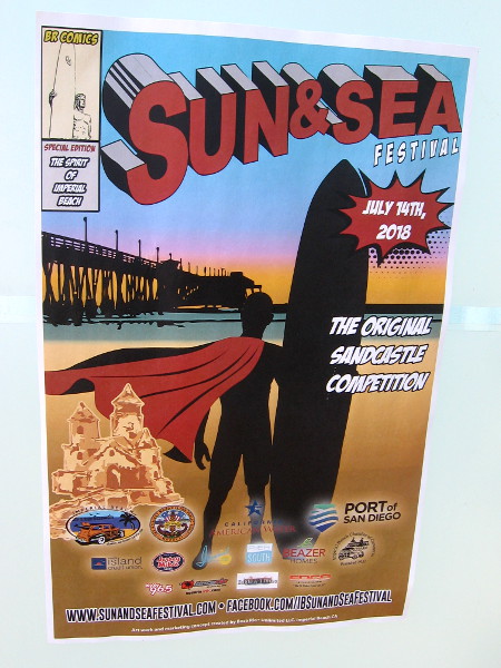 Cool comic book cover! A surfer wears a cape for the 2018 Sun and Sea Festival in Imperial Beach. The original sandcastle competition!