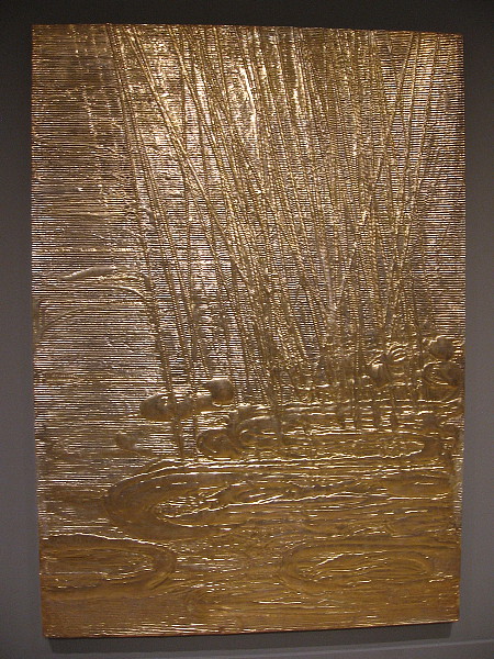 Lemon Gold Sunlight with Rain, Nancy Lorenz, 2017. Lemon gold leaf, silver leaf, clay, cardboard, on wood panel.