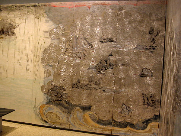 A section of Rock Garden Room, Nancy Lorenz, 2004. Silver leaf, mother-of-pearl inlay, pigment, gesso, shellac, on 12 wood panels.