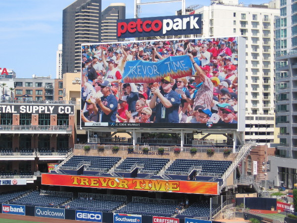 As Hoffman is introduced during the Hall of Fame induction ceremony, video is shown of Padres fans holding a banner proclaiming Trevor Time.