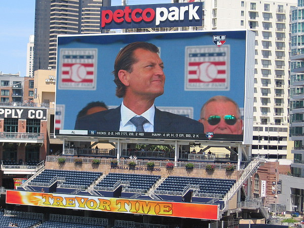 The MLB Network live feed on the Petco Park videoboard shows Trevor Hoffman shortly before he gives his speech at the Hall of Fame.