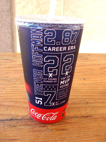 My soda cup with Trevor Hoffman's impressive baseball achievements.
