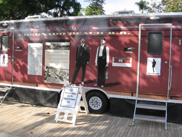 Several public restroom trailers used during city events each celebrate a different aspect of Coronado history.