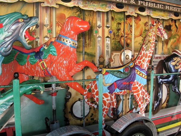 Another restroom trailer features images from Coronado's historic carousel at Tent City.
