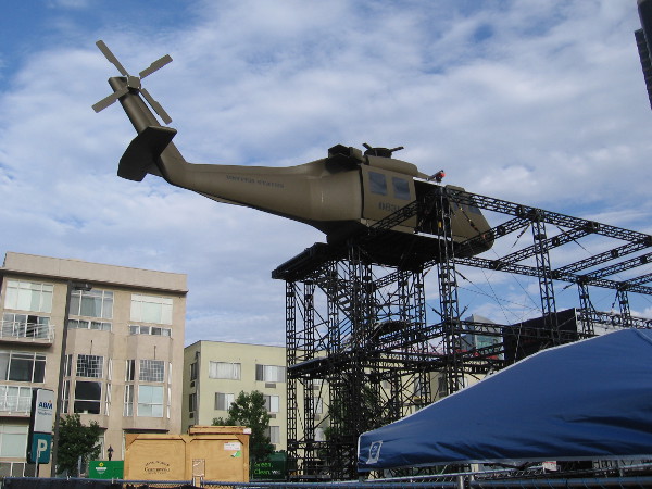 A huge helicopter now stands high above the street on a steel structure for the Jack Ryan Experience at 2018 San Diego Comic-Con!