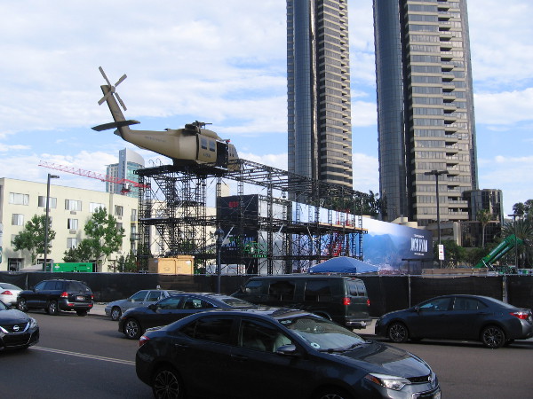 A look at the gigantic Jack Ryan helicopter from across the street. A zip line will run from it down along a Middle Eastern aerial landscape.