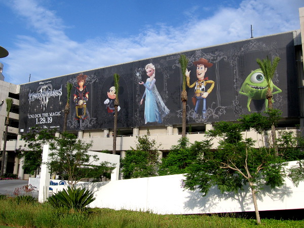 A huge banner facing the San Diego Convention Center features Disney characters and promotes Kingdom Hearts III which debuts early next year.