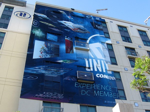 The cool DC Universe wrap on the Hilton Gaslamp appears to be halfway applied.
