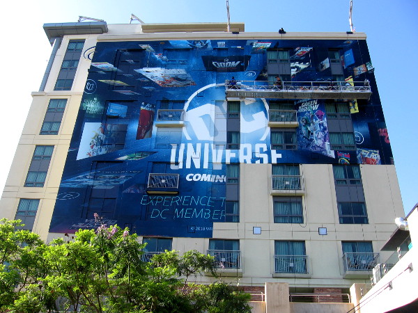 The cool DC Universe wrap on the Hilton Gaslamp is almost completed.