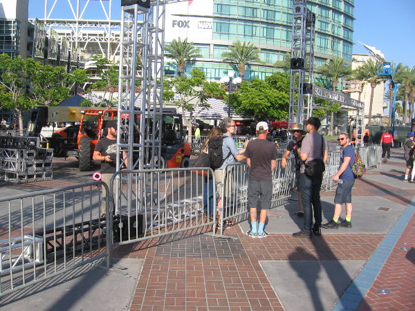 Guys in charge of erecting The Good Place offsite for 2018 San Diego Comic-Con confer.