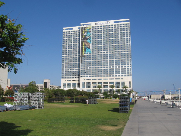 A building wrap is being applied to the Hilton Bayfront, and the Adult Swim offsite has barely begun to appear. No FXhibition as of yet.