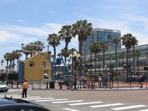 Lots of construction activity around the hub of Comic-Con's outdoor campus.