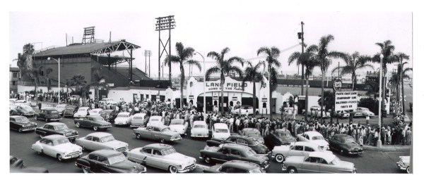 Panoramic view of Lane Field includes long ticket line for 1954 PCL Championship game with Hollywood Stars (Padres won, 7-2). Photo by Ray Hacecky, Sr.