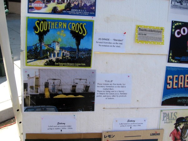 The display explains different grades of lemons, including culls, which were blemished, and used to make juice, furniture polish, and other by-products.