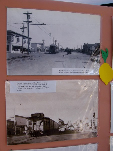 Old photos of Chula Vista streetcar and train at Third Avenue.