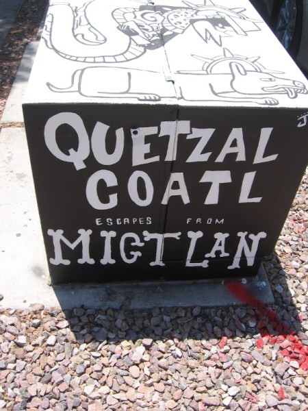 One box depicts the mythological Aztec story Quetzalcoatl escapes from Migtlan (a part of the underworld).