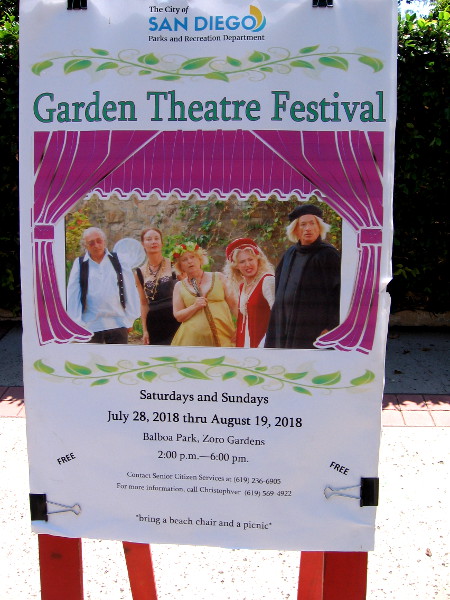 The Garden Theatre Festival continues through Sunday August 19, 2018. Live performances are enjoyed free to the public in Balboa Park's Zoro Garden.