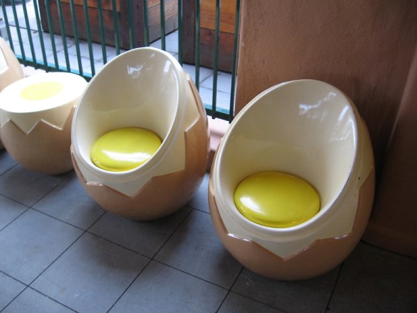 These cool egg-seats await diners outside Breakfast Republic at Liberty Station. (I hope they're hard-boiled, not soft-boiled.)