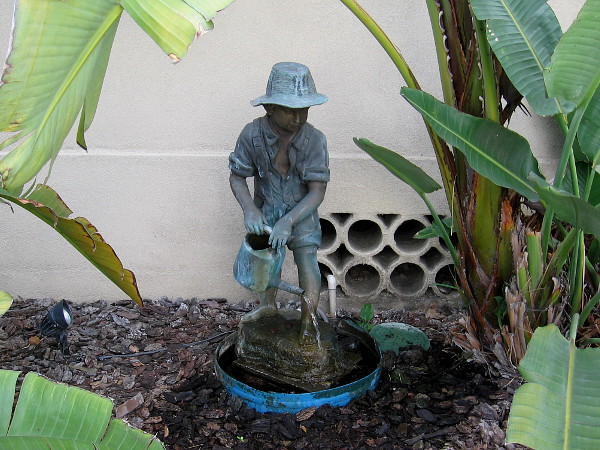 A beautiful fountain in a small Bankers Hill garden. A sculpted boy with watering can.