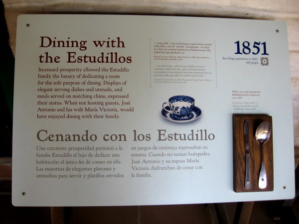 Sign describes the dining room of La Casa de Estudillo.