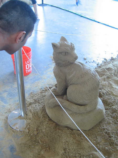 A visitor to the 2018 U. S. Sand Sculpting Challenge in San Diego admires a small work of art.