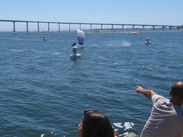 Someone watching the Swoop Freestyle FAI World Championship on San Diego Bay points to a contestant skimming across the water!