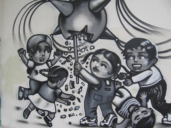 This fun image depicts kids breaking open a piñata.