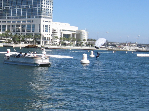 Vying for the world championship of Swoop Freestyle, this contestant approaches the floating platform, just off Embarcadero Marina Park South.