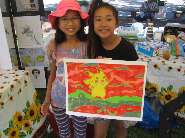 Pikachu and two young artists at the San Diego Kidpreneur Expo!