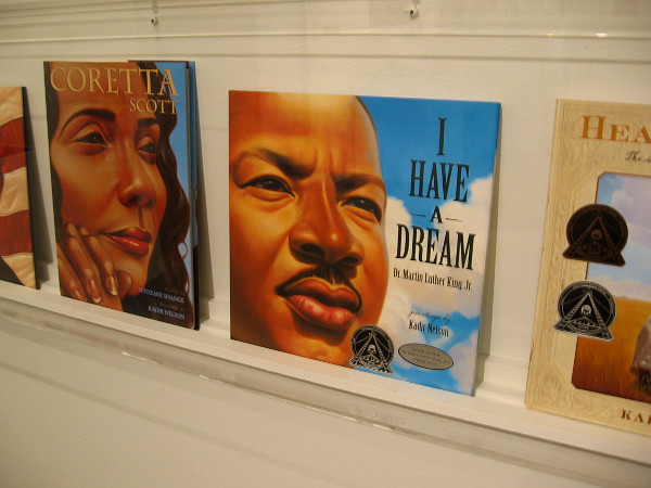 Displayed in the exhibition are seven books featuring the bold, powerfully moving artwork of Kadir Nelson.