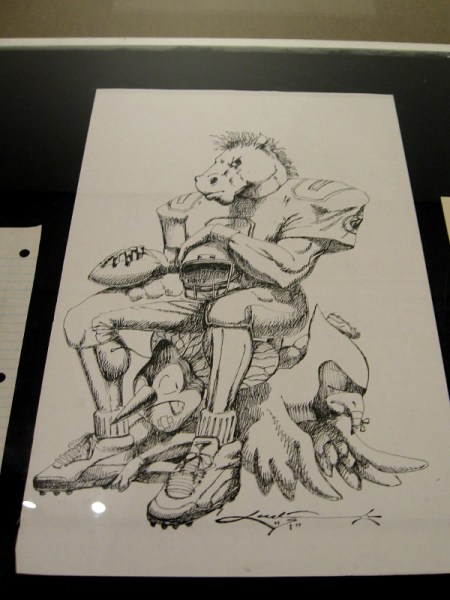 A drawing by Kadir Nelson from his teen years. Crawford Horse Sitting on Mascots, 1991, pen and ink on paper.