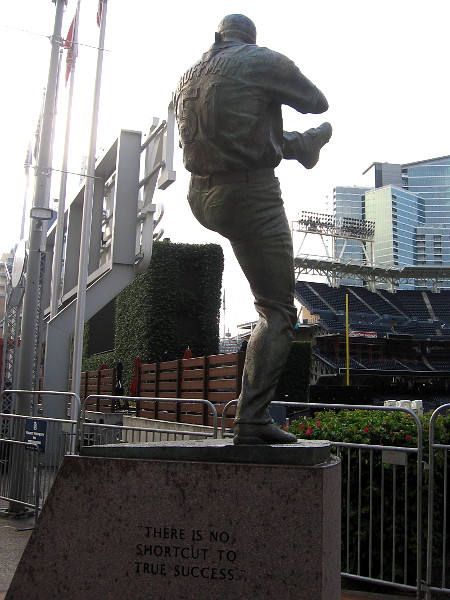 A sculpture of Trevor Hoffman overlooks the Padres bullpen, just beyond left field at Petco Park.