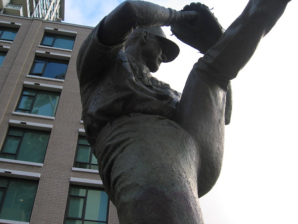 The high leg kick of Hall of Fame relief pitcher Trevor Hoffman immortalized in bronze.