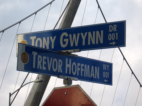Two legends of baseball intersect at Tony Gwynn Drive and Trevor Hoffman Way, just outside Petco Park.