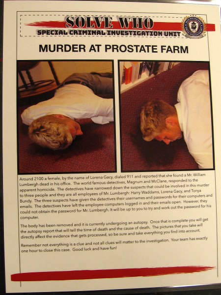 A crime scene at Solve Who titled Murder at PROstate Farm. A team of detectives gathers clues, watches video interrogations of three suspects, then deliberates to determine who the murderer is.
