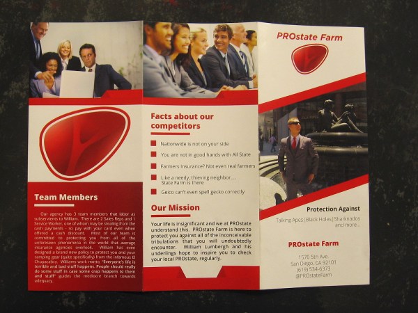 The funny, satirical brochure of PROstate Farm. The insurance agent was murdered, and his three employees are suspects.