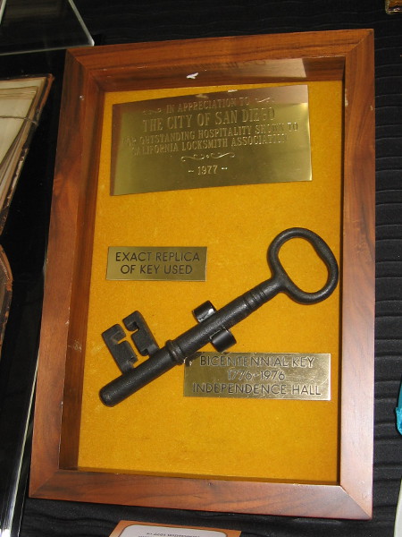 Exact replica of the Bicentennial Key, 1776-1976, Independence Hall. It was presented by the California Locksmith Association to The City of San Diego.