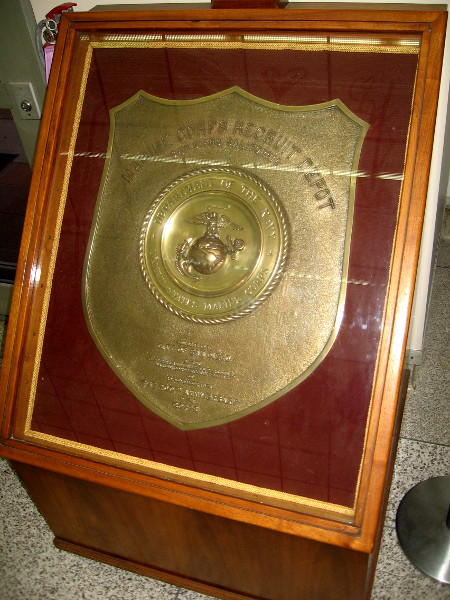A large plaque presented by Marine Corps Recruit Depot to the City of San Diego commemorates the 200th Anniversary of the United States Marines.