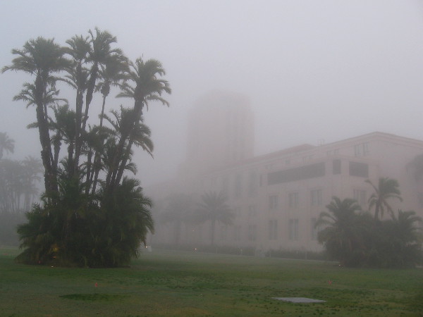 Mysterious photograph of foggy Waterfront Park and the County Administration Building.
