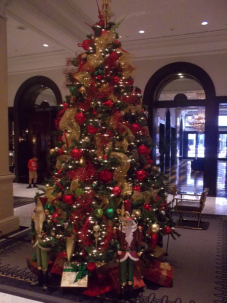 One of the dazzling Christmas trees in the posh lobby of the historic US Grant Hotel