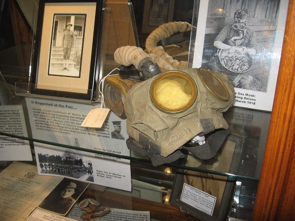 One exhibit in the Veterans Museum includes artifacts and ephemera from the First World War. A gas mask speaks of trench warfare's horrors.