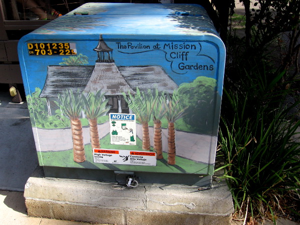Transformer box painted with an image of The Pavilion at Mission Cliff Gardens.