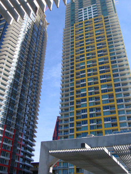 Pinnacle on the Park rises above the south entrance to Fault Line Park.