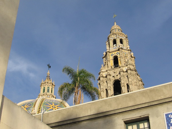 The historic California Tower rises into the blue sky above San Diego's beautiful Balboa Park.