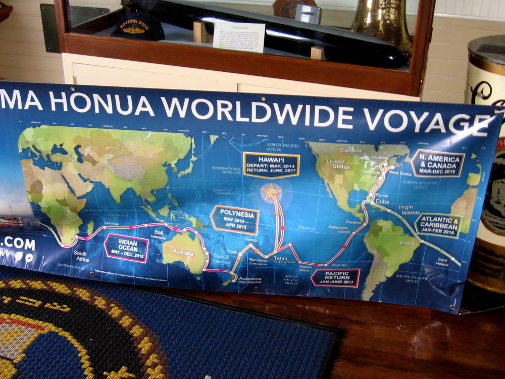 As we waited in line, a crew member told us about their current voyage down the California coast, and explained this map of an earlier ocean journey. Their next voyage will be around the Pacific Rim, including a visit to Alaska.
