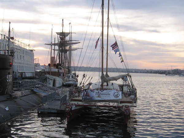 Hikianalia docked near several historic vessels of the Maritime Museum of San Diego.