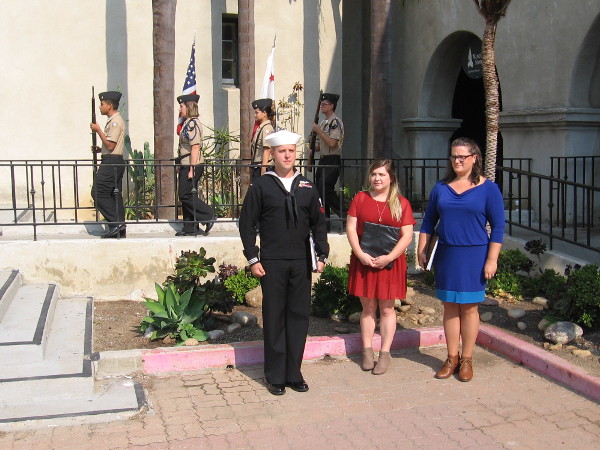 The patriotic Color Guard, from Ramona High School's NJROTC, moves forward as the ceremony begins.