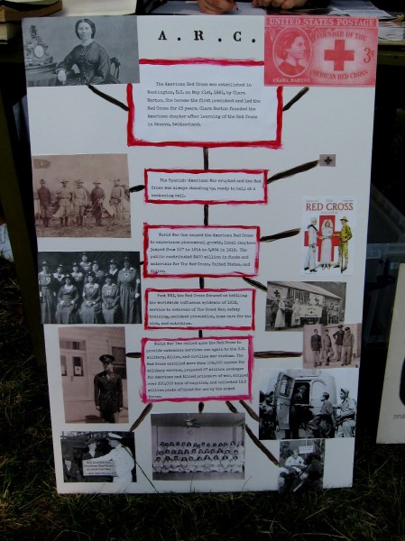 A timeline depicts the history of the American Red Cross through World War Two. The organization was established in 1881 by Clara Barton.