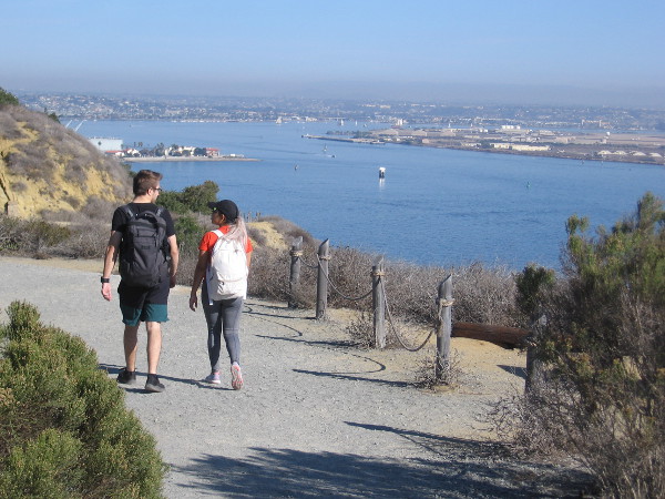 The north part of San Diego Bay, visible from the Bayside Trail. In the distance, with other historic ships, Star of India makes its way around North Island.